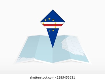 Cape Verde is depicted on a folded paper map and pinned location marker with flag of Cape Verde. Folded vector map.