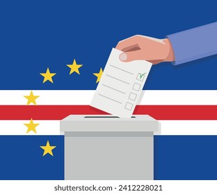 Cape Verde election concept. Hand puts vote bulletin into vote box.