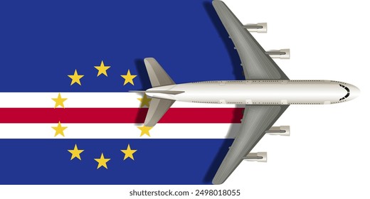 CAPE VERDE flag with airplane flying over it close up. Vector image.