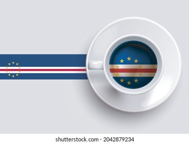 Cape Verde flag with coffee on top view, vector illustration. 
