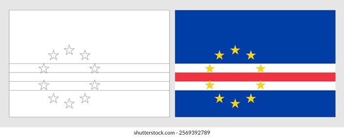 Cape Verde flag - coloring page. Set of white wireframe thin black outline flag and original colored flag.