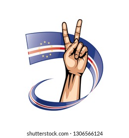 Cape Verde flag and hand on white background. Vector illustration