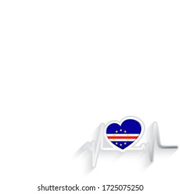 Cape Verde flag heart shaped and heartbeat line isolated on white. Runion (France) Patriotic Background. Vector illustration.