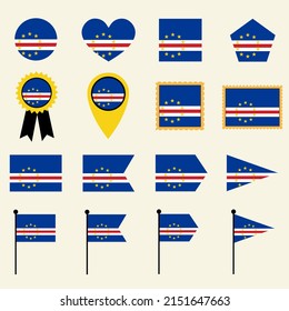 Cape Verde flag icon set in 16 shape versions. Collection of Cape Verde flag icons with square, circle, heart, triangle, medal, stamp and location shapes.