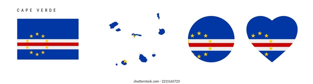 Conjunto de iconos de la bandera de Cabo Verde. Cabo Verde de colores y proporciones oficiales. Rectangular, en forma de mapa, en círculo y en forma de corazón. Ilustración vectorial plana aislada en blanco.