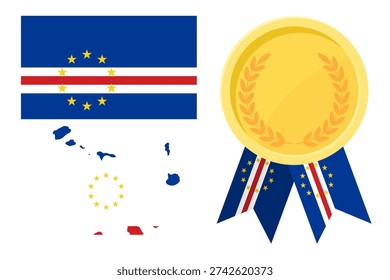 Cape Verde flag with map and gold medal in set for web and banners or app and games