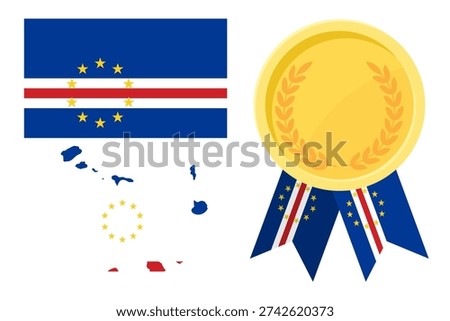 Cape Verde flag with map and gold medal in set for web and banners or app and games