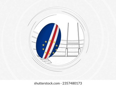 Cape Verde flag on rugby ball, lined circle rugby icon with ball in a crowded stadium. Vector sport emblem on abstract background.