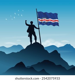 Cape Verde Flag raised on a mountain peak with clear sky in the background, vector illustration