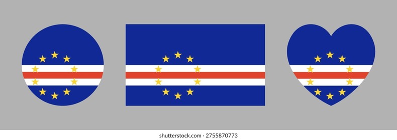 Cape Verde flag rectangular, round, heart shaped icons, stickers. National sign templates. Flag of Cape Verde button, banner, badge. Circular, rectangle, heart symbols.