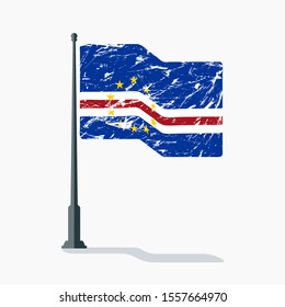 Cape Verde flag with scratches, vector flag of Cape Verde waving on flagpole with shadow.