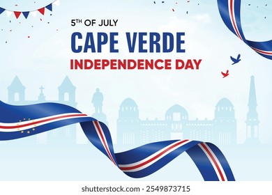 Bandeira De Cabo Verde Acenando No Horizonte. Dia da Independência Conceito Design Ilustração Vetor.