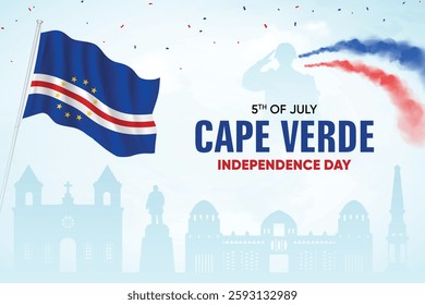 Cape Verde Flag Waving On Skyline Background. Independence Day Concept Design Vector Illustration.