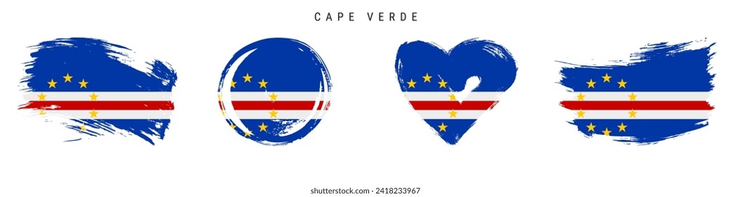 Cape Verde hand drawn grunge style flag icon set. Cabo Verde banner in official colors. Free brush stroke shape, circle and heart-shaped. Flat vector illustration isolated on white.