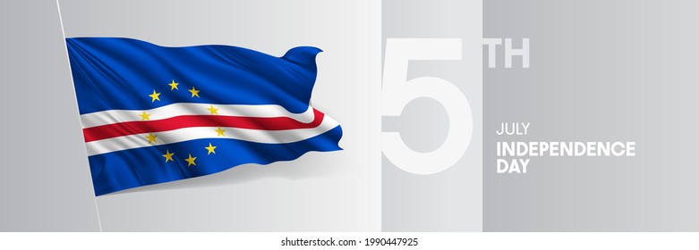 Cape Verde happy independence day greeting card, banner vector illustration. Cabo Verde national holiday 5th of July design element with 3D waving flag on flagpole