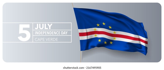 Cape Verde happy independence day greeting card, banner vector illustration. Cabo Verde national holiday 5th of July design element with 3D waving flag on flagpole