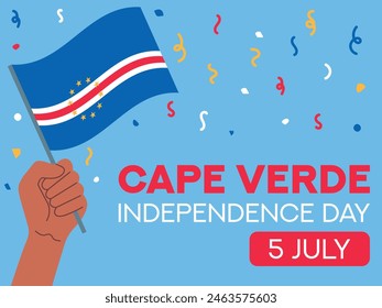 Cape Verde independence day 5 July. Cape Verde flag in hand. Greeting card, poster, banner template	
