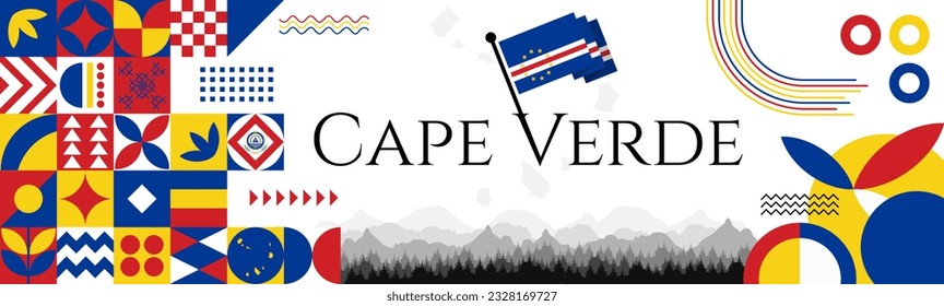 Cape Verde independence day abstract banner design with flag and map. Flag color theme geometric pattern retro modern Illustration design. Blue flag color template.