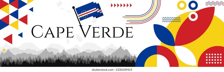 Cape Verde independence day abstract banner design with flag and map. Flag color theme geometric pattern retro modern Illustration design. Blue flag color template.