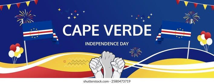 Cape Verde Independence Day modern greeting banner. 5 July Happy National Day. Holidays abstract concept in flag colors. Great for event like carnival, feast poster, support, culture and tourism