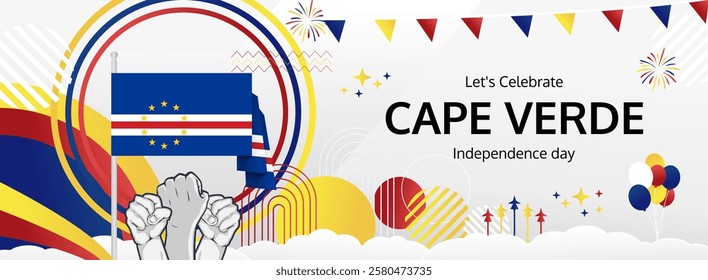 Cape Verde Independence Day modern greeting banner. 5 July Happy National Day. Holidays abstract concept in flag colors. Great for event like carnival, feast poster, support, culture and tourism