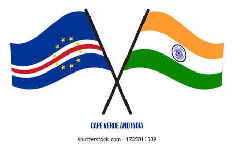 Cape Verde and India Flags Crossed And Waving Flat Style. Official Proportion. Correct Colors.