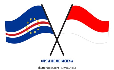 Cape Verde and Indonesia Flags Crossed And Waving Flat Style. Official Proportion. Correct Colors.