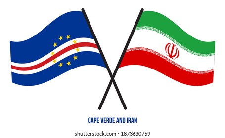 Cape Verde and Iran Flags Crossed And Waving Flat Style. Official Proportion. Correct Colors.