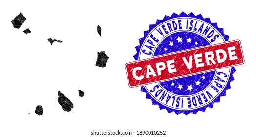 Cape Verde Islands map polygonal mesh with filled triangles, and textured bicolor stamp. Triangle mosaic Cape Verde Islands map with mesh vector model, triangles have randomized sizes, and positions,