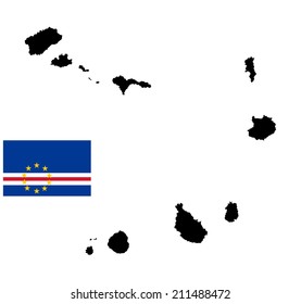 Cape Verde islands vector map silhouette and vector flag isolated on white background silhouette. High detailed illustration. 