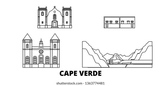 Cape Verde line travel skyline set. Cape Verde outline city vector illustration, symbol, travel sights, landmarks.