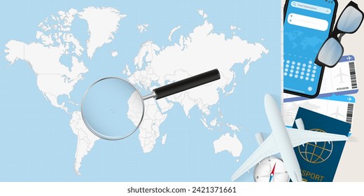 Cape Verde is magnified over a World Map, illustration with airplane, passport, boarding pass, compass and eyeglasses. Vector illustration.