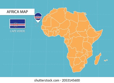 Cape Verde map in Africa, icons showing Cape Verde location and flags.