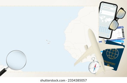 Cape Verde map and flag, cargo plane on the detailed map of Cape Verde with flag, passport, magnifying glass and airplane. Vector template.