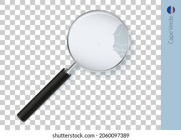 Cape Verde map with flag in magnifying glass on transparent background. Vector loupe with map.