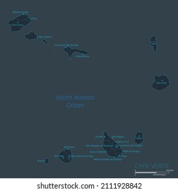 Cape Verde map. High detailed map of Cape Verde with countries, borders, cities, water objects. Vector illustration eps10