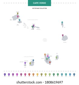Cape Verde map with location pointer marks. Infographic vector template, isolated on white background. 