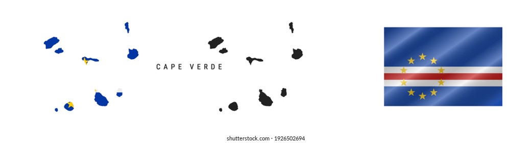 Cape Verde. Map with masked flag. Detailed silhouette. Waving flag. Vector illustration isolated on white.