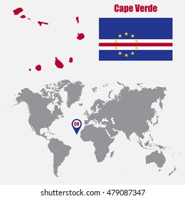 Cape Verde map on a world map with flag and map pointer. Vector illustration