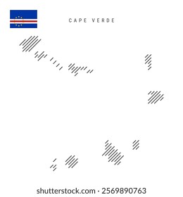 Cape Verde map from pattern of black slanted parallel lines. Cabo Verde map with gray diagonal lines. Silhouette of a country made of oblique hatching. Vector illustration isolated on white.