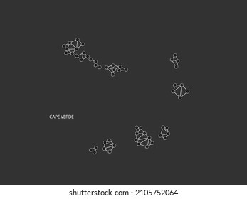 Cape Verde Map Point scales on black background. Wire frame polygonal network white line, dot and shadow dot.