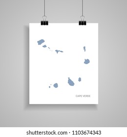 Cape Verde map poster.  Blue vector map on piece of paper with paper clip, on a gray background. 