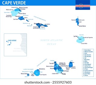 Cape Verde Map Vector Blue Spot - Customizable layered political map of Cape Verde with administrative divisions for website, education, reports, news, politics, print, poster and wallpaper