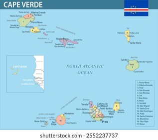 Cape Verde Map Vector New 2024 Colorful - Customizable layered political map of Cape Verde with administrative divisions for website, education, reports, news, politics, print, poster and wallpaper