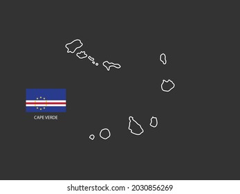 Cape Verde map vector thin white line style on the black background and Cape Verde flag in this vector.