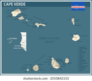 Cape Verde Map Vector Vintage Dark Blue Beige - Customizable layered political map of Cape Verde with administrative divisions for website, education, reports, news, politics, print, poster and wallpa