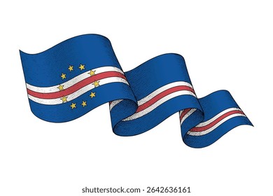 Cape Verde national flag waving ribbon shape with engraved vintage texture