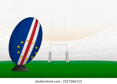 Cape Verde national team rugby ball on rugby stadium and goal posts, preparing for a penalty or free kick. Vector illustration.