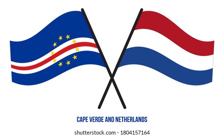 Cape Verde and Netherlands Flags Crossed And Waving Flat Style. Official Proportion. Correct Colors.