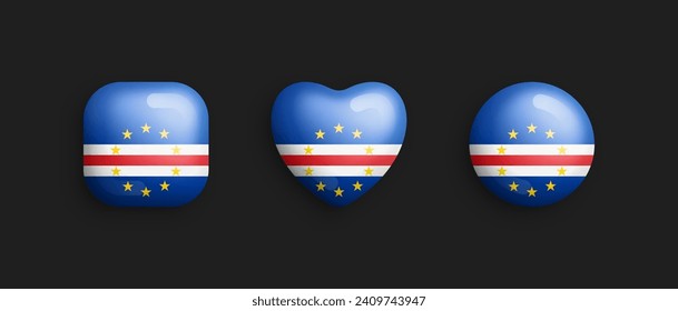 Cape Verde Official National Flag 3D Vector Glossy Icons In Rounded Square, Heart And Circle Form Isolated On Black Background. Sign And Symbols Graphic Design Elements Volumetric Buttons Collection